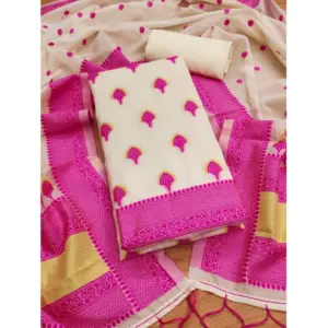 Generic Women's Banarasi Silk Printed Unstitched Salwar Suit Material With Dupatta (Pink, 3Mtrs)