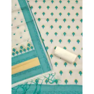 Generic Women's Banarasi Silk Printed Unstitched Salwar Suit Material With Dupatta (Teal, 3Mtrs)