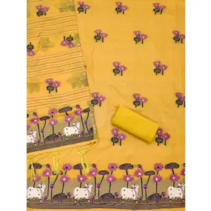 Generic Women's Banarasi Silk Printed Unstitched Salwar Suit Material With Dupatta (Yellow, 3Mtrs)