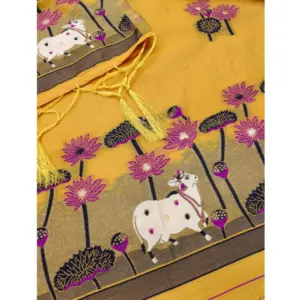 Generic Women's Banarasi Silk Printed Unstitched Salwar Suit Material With Dupatta (Yellow, 3Mtrs)