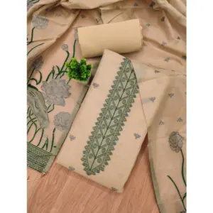 Generic Women's Banarasi Silk Printed Unstitched Salwar Suit Material With Dupatta (Cream, 3Mtrs)