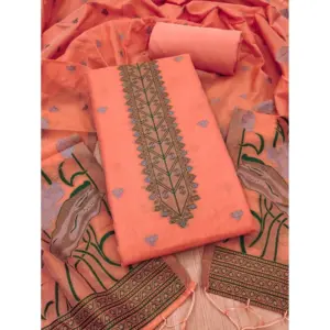 Generic Women's Banarasi Silk Printed Unstitched Salwar Suit Material With Dupatta (Peach, 3Mtrs)