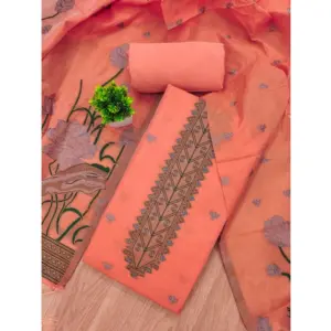 Generic Women's Banarasi Silk Printed Unstitched Salwar Suit Material With Dupatta (Peach, 3Mtrs)