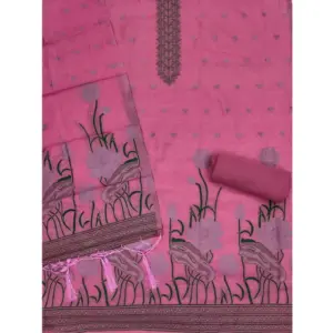 Generic Women's Banarasi Silk Printed Unstitched Salwar Suit Material With Dupatta (Pink, 3Mtrs)