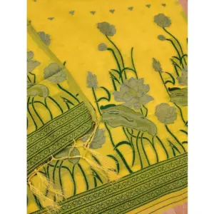 Generic Women's Banarasi Silk Printed Unstitched Salwar Suit Material With Dupatta (Yellow, 3Mtrs)