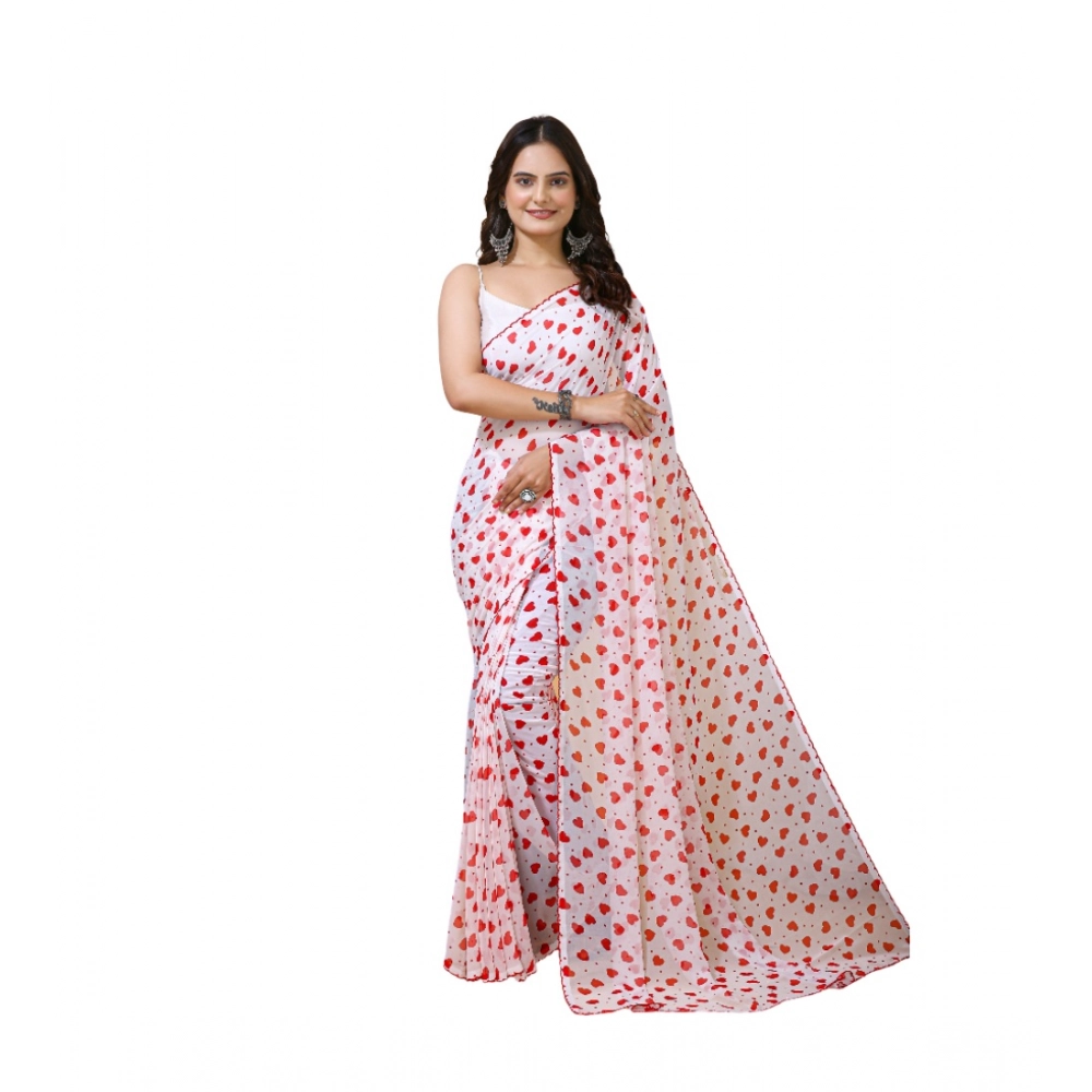 Women's Georgette Printed Saree with Blouse – White-Red
