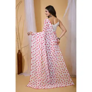 Women's Georgette Printed Saree with Blouse – White-Red