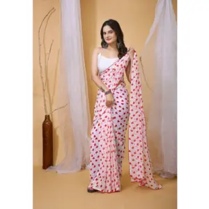 Women's Georgette Printed Saree with Blouse – White-Red