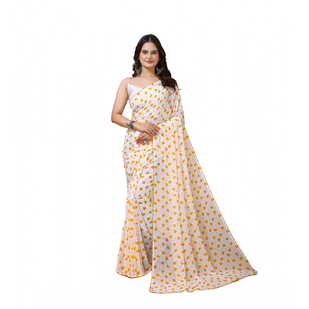 Women's Georgette Printed Saree with Blouse – White-Yellow