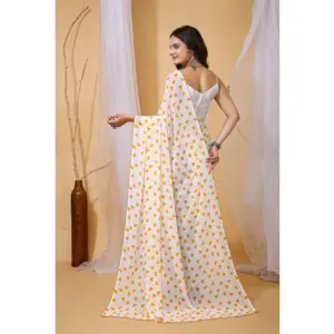 Women's Georgette Printed Saree with Blouse – White-Yellow