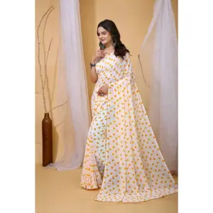 Women's Georgette Printed Saree with Blouse – White-Yellow