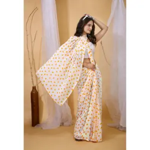 Women's Georgette Printed Saree with Blouse – White-Yellow