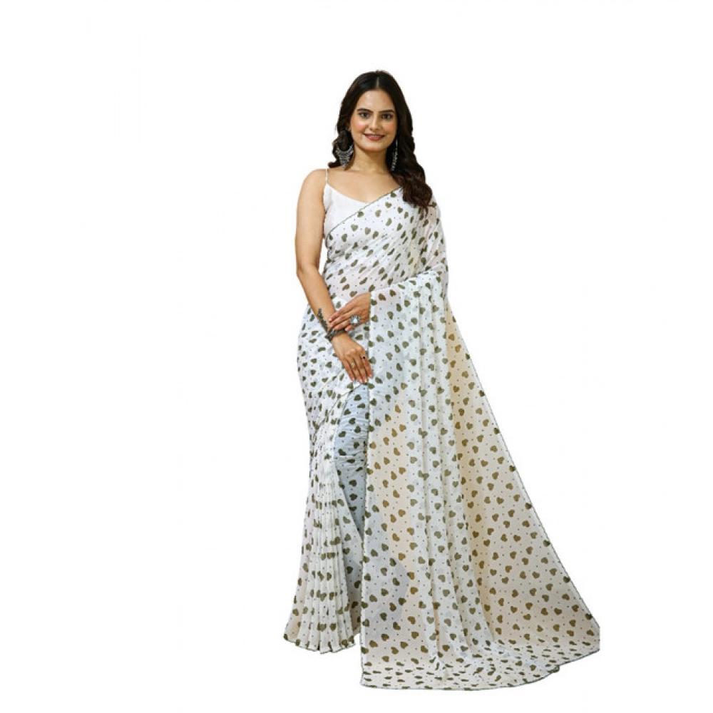 Women's Georgette Printed Saree with Blouse – White-Grey