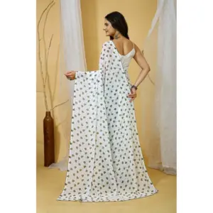 Women's Georgette Printed Saree with Blouse – White-Grey