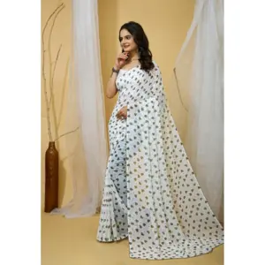 Women's Georgette Printed Saree with Blouse – White-Grey
