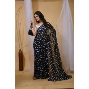 Women's Georgette Printed Saree with Blouse – Black