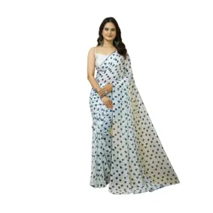 Women's Georgette Printed Saree with Blouse – White
