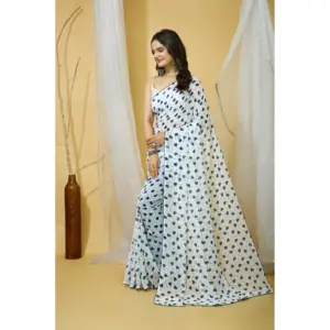 Women's Georgette Printed Saree with Blouse – White