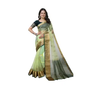 Women's Organza Jacquard Embellished Saree with Blouse – Light Green
