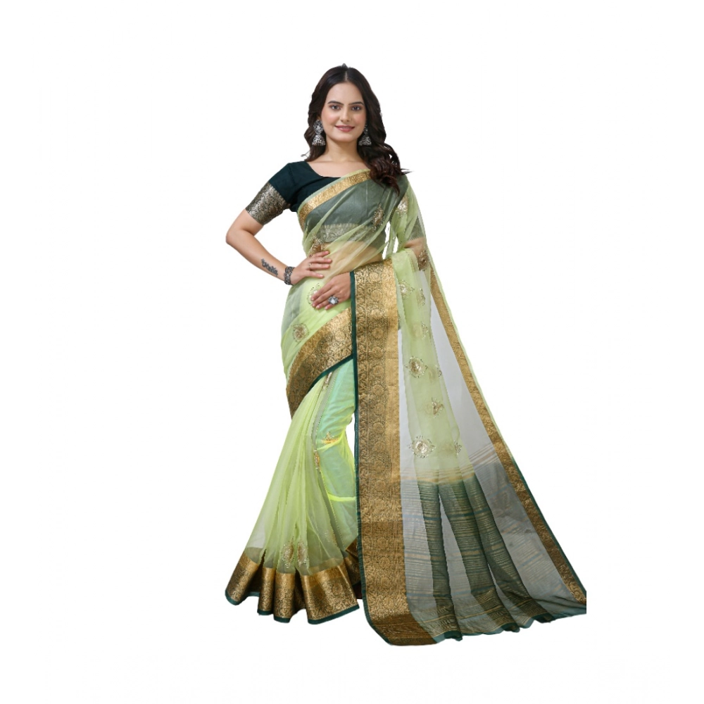Women's Organza Jacquard Embellished Saree with Blouse – Light Green