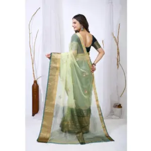 Women's Organza Jacquard Embellished Saree with Blouse – Light Green