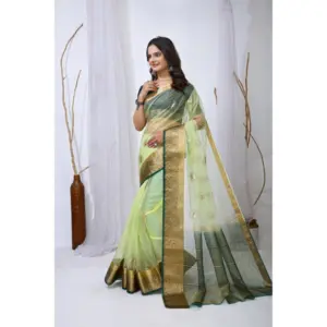 Women's Organza Jacquard Embellished Saree with Blouse – Light Green
