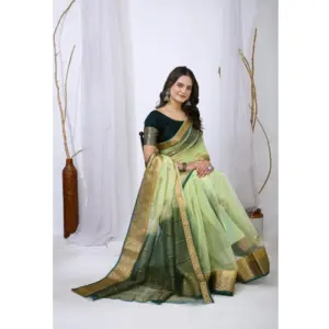 Women's Organza Jacquard Embellished Saree with Blouse – Light Green