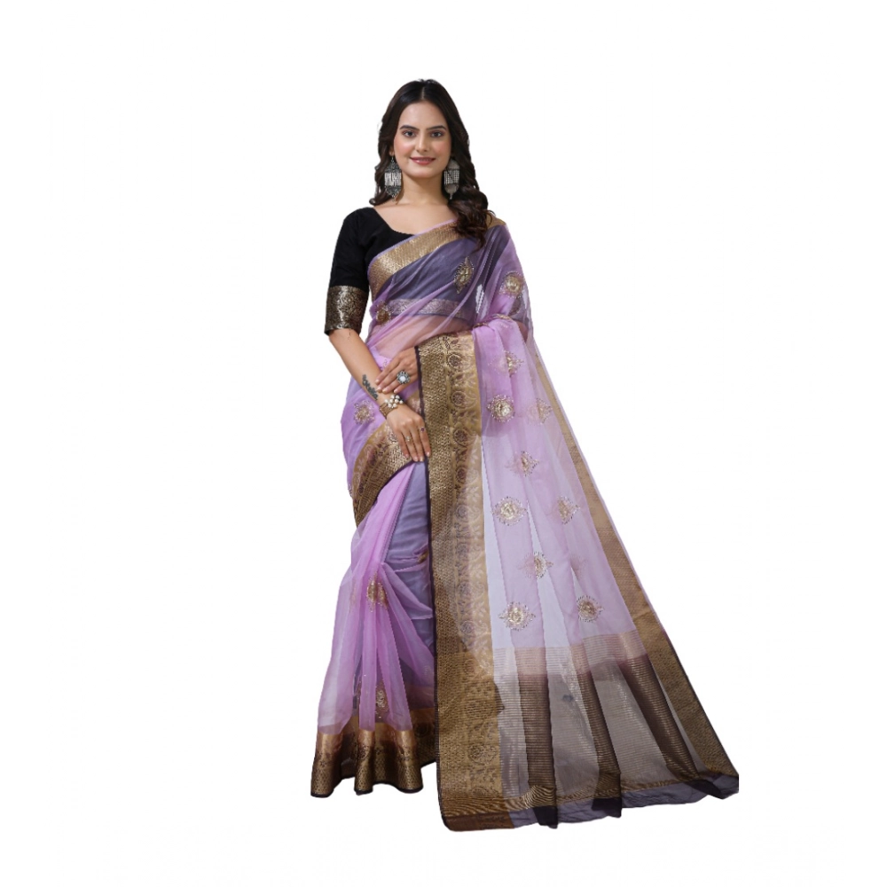 Women's Organza Jacquard Embellished Saree with Blouse – Purple