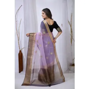 Women's Organza Jacquard Embellished Saree with Blouse – Purple