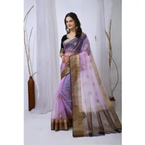 Women's Organza Jacquard Embellished Saree with Blouse – Purple