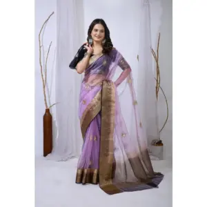 Women's Organza Jacquard Embellished Saree with Blouse – Purple