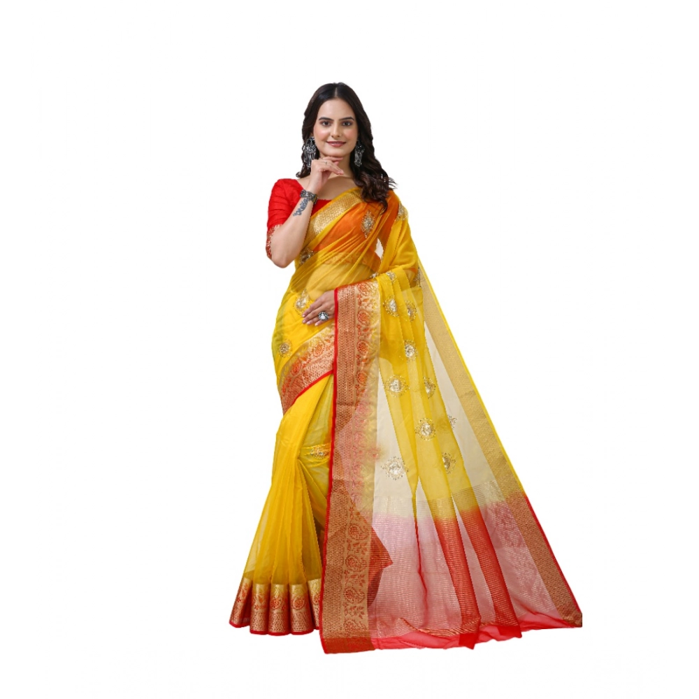 Women's Organza Jacquard Embellished Saree with Blouse – Yellow