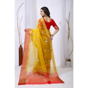 Women's Organza Jacquard Embellished Saree with Blouse – Yellow