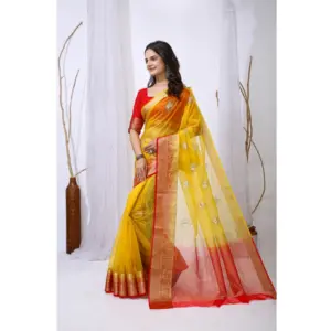 Women's Organza Jacquard Embellished Saree with Blouse – Yellow