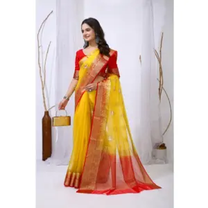 Women's Organza Jacquard Embellished Saree with Blouse – Yellow