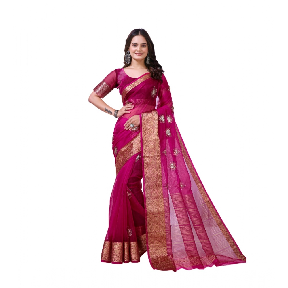 Women's Organza Jacquard Embellished Saree with Blouse – Pink