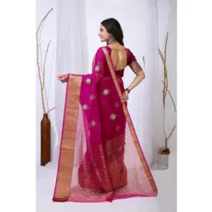 Women's Organza Jacquard Embellished Saree with Blouse – Pink