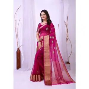 Women's Organza Jacquard Embellished Saree with Blouse – Pink