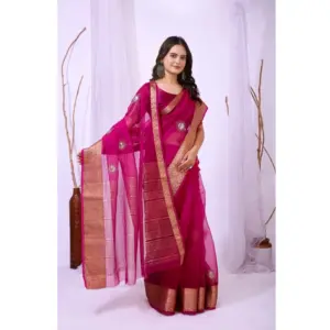 Women's Organza Jacquard Embellished Saree with Blouse – Pink