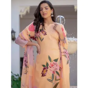 Generic Women's Cotton Blend Printed Kurti With Pant Dupatta Set (Orange)