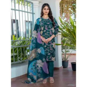 Generic Women's Cotton Blend Printed Kurti With Pant Dupatta Set (Rama)