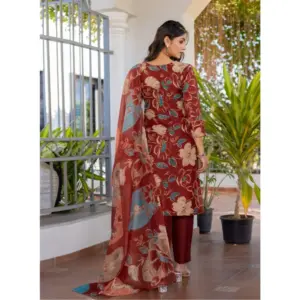 Generic Women's Cotton Blend Printed Kurti With Pant Dupatta Set (Rust)