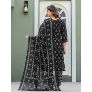Generic Women's Cotton Blend Printed Kurti With Pant Dupatta Set (Black)