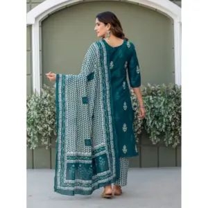 Generic Women's Cotton Blend Printed Kurti With Pant Dupatta Set (Morpichh)