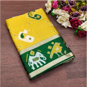 Women's Soft Litchi Silk Jacquard Work Saree with Blouse – Yellow-Green