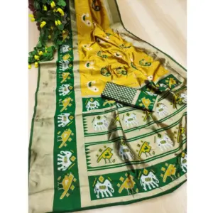 Women's Soft Litchi Silk Jacquard Work Saree with Blouse – Yellow-Green