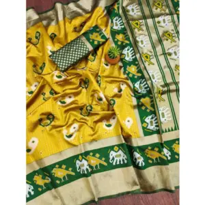 Women's Soft Litchi Silk Jacquard Work Saree with Blouse – Yellow-Green
