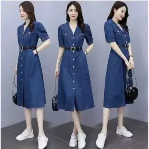 Generic Women's Casual Denim Half Sleeves Dress (Blue)