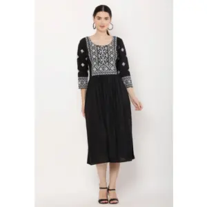 Generic Women's Casual Rayon 3-4th Sleeves Kurti (Black)