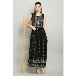 Generic Women's Casual Rayon Sleeveless Kurti (Black)